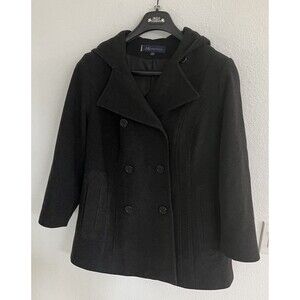 AK Anne Klein Black Wool Blend Pea Coat IX Hooded Lined Double Breasted Classic